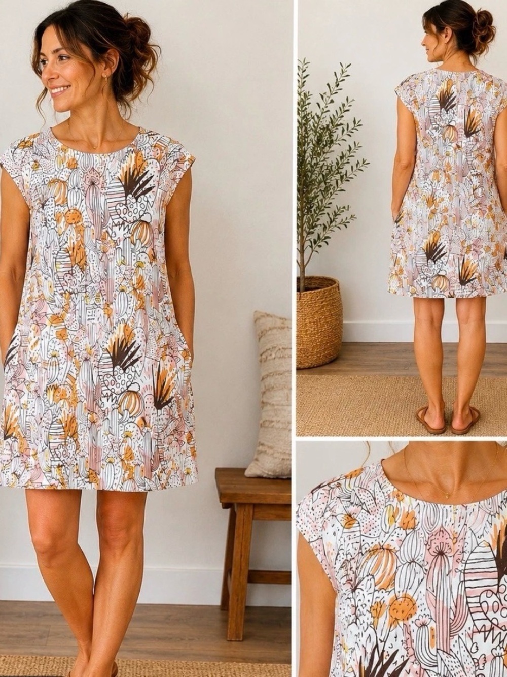 Cousin Earl Casual Cactus Print Cap Sleeve Shift cotton Dress Size XS Pockets